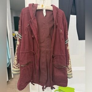 Free People Maroon Golden Quills Military Jacket